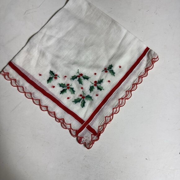Embroidered handkerchief hankie 11-3/4 in. by 11-3/4 in. Red and white Christmas - Picture 8 of 11
